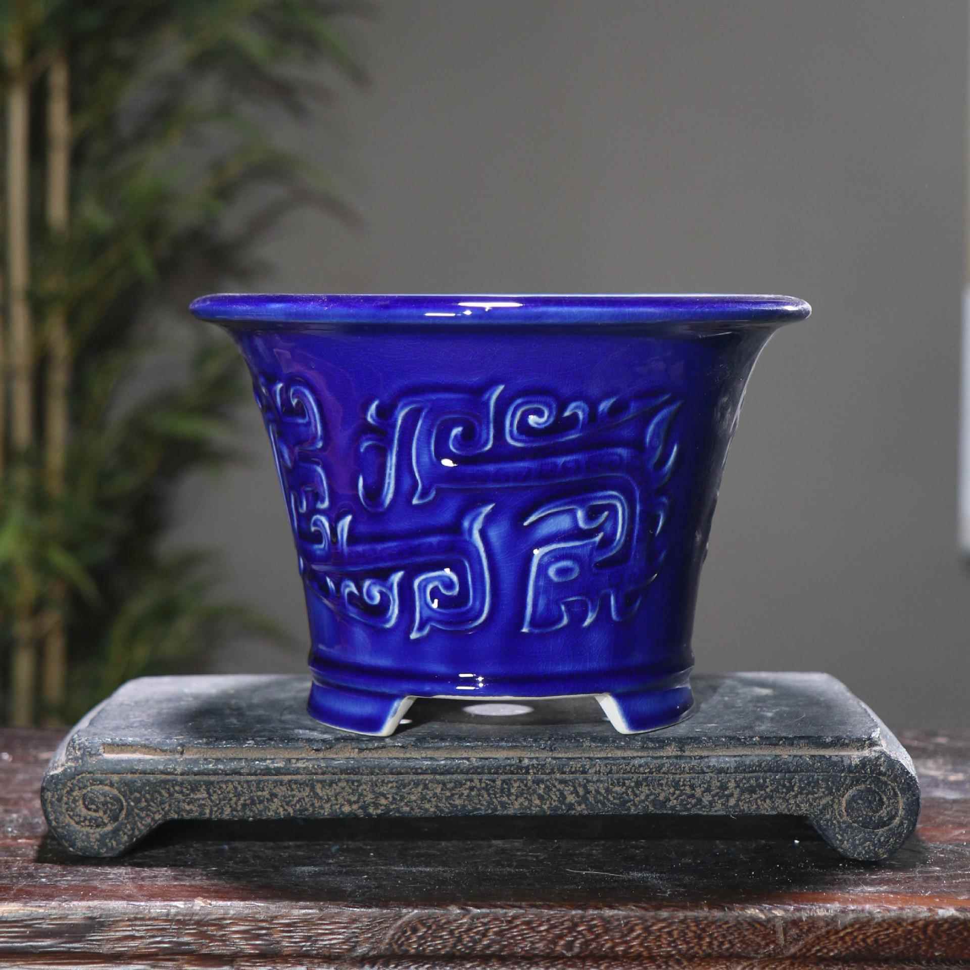 紫砂花盆陶瓷盆景盆兰花盆兰盆图腾浮雕传统器型腾龙盆觅陶乡高盆