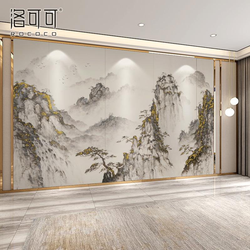 轻奢新中式电视背景墙壁纸客厅壁布水墨山水墙纸沙发墙布壁画2023
