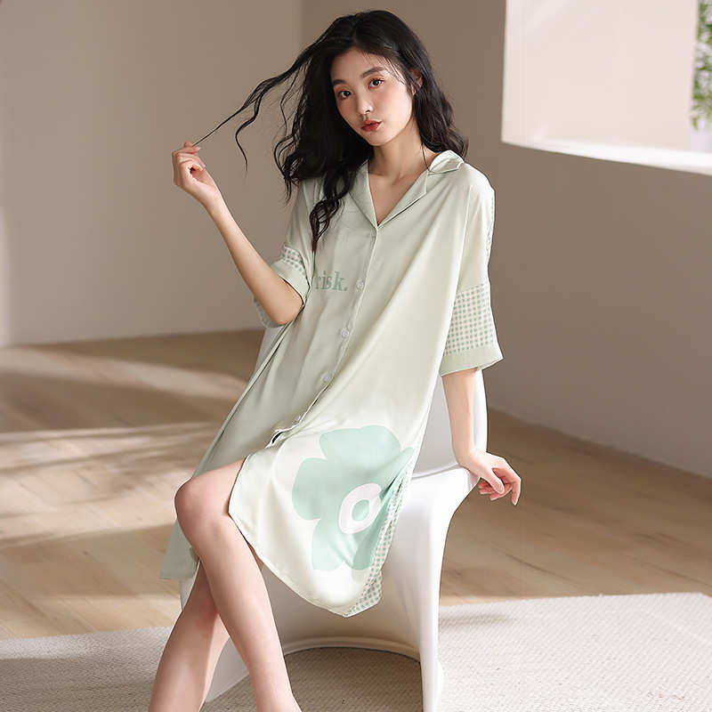 睡裙女夏天冰丝高个子衬衫睡衣女加长版175甜美2024新款家居服夏