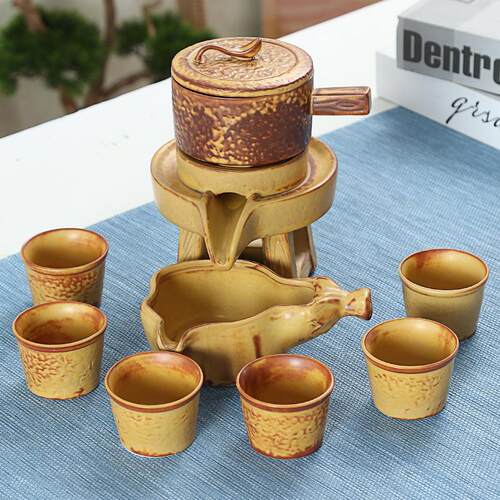 创意古陶仿石磨半自动茶具时来运转复古懒人陶瓷茶具套装礼品