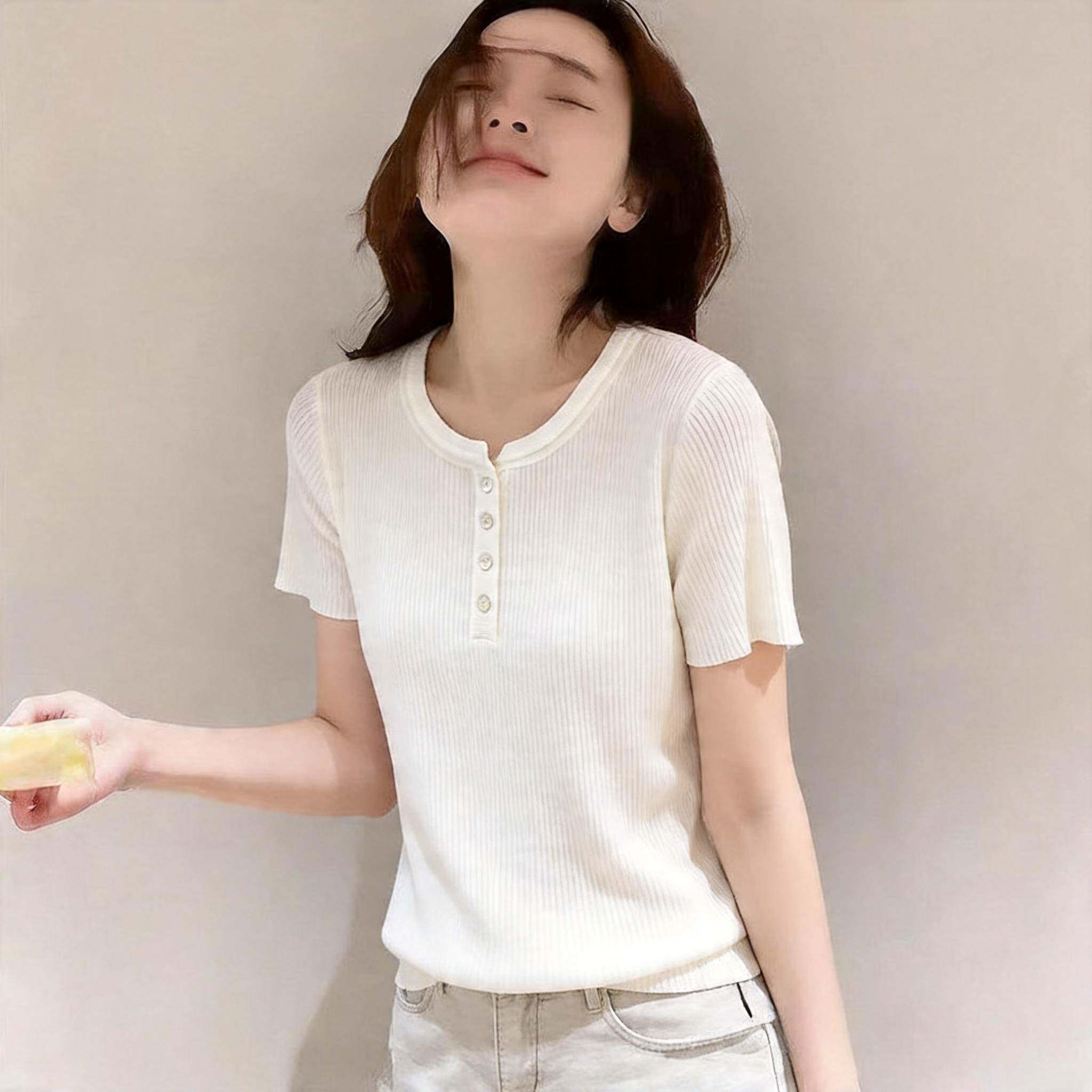 韩版气质四颗扣坑条显瘦天丝亚麻针织衫修身小个子短袖上衣女夏新