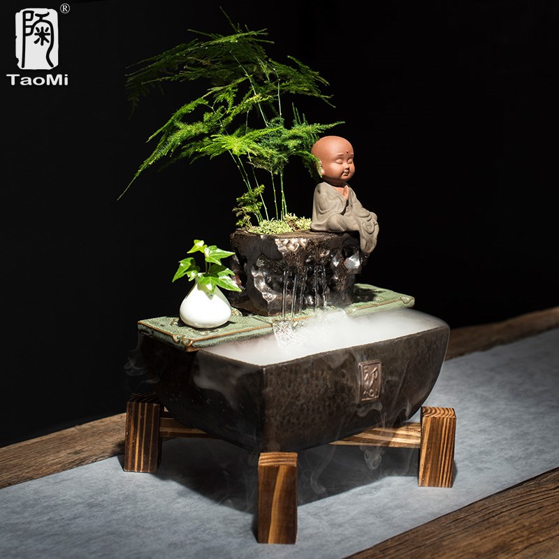 招财流水器摆件创意家居t装饰桌面循环水养鱼盆中式乔迁开业礼品