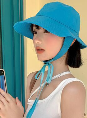 时尚系带渔夫帽女夏季薄款透气遮阳防晒盆帽甜美百搭大头围帽子