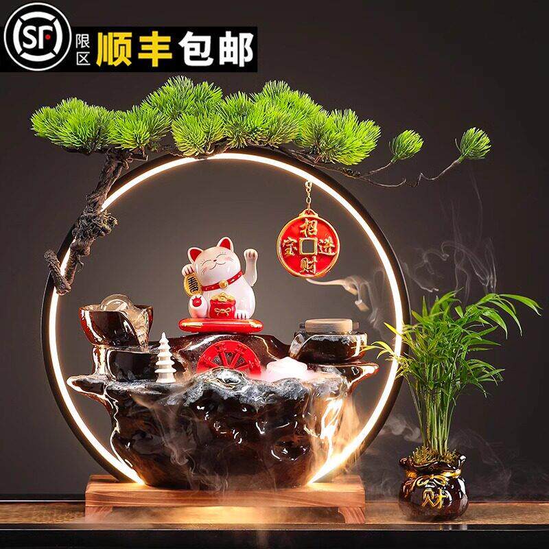 创意新中式招财猫装饰流水摆件送礼循环水办公室客厅公司开业礼物