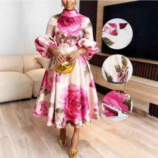 Elegant Chic Women'S Floral Print Satin Dress, Vintage