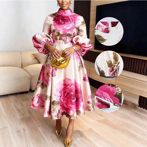 Elegant Chic Women'S Floral Print Satin Dress, Vintage