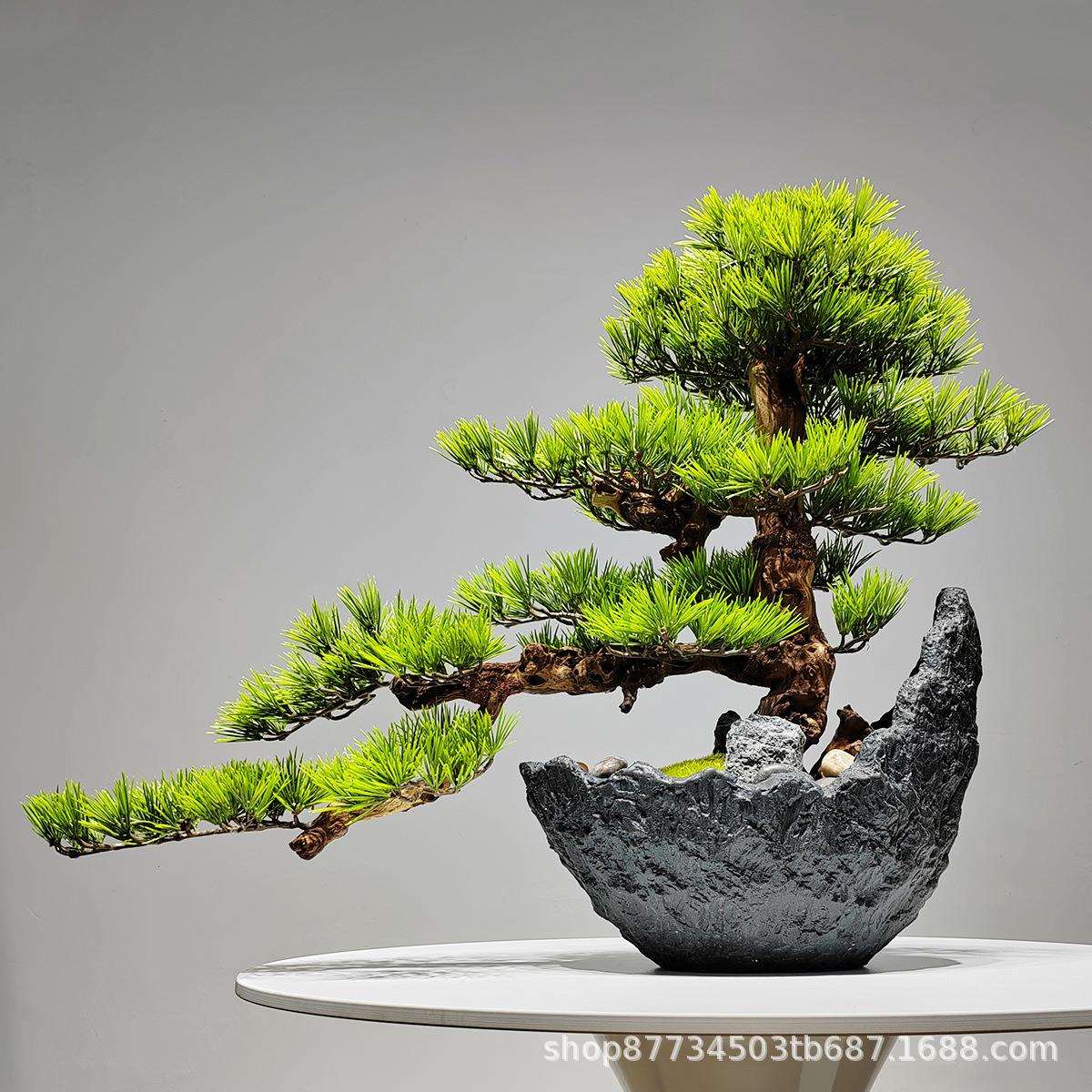 新中式摆件仿真迎客松盆景绿植盆栽客厅电视柜玄关办公室家居装饰