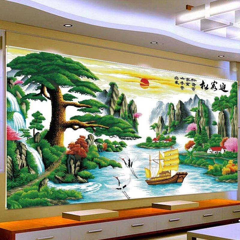 蒙娜丽莎迎客松十字绣自己绣2025新款风景线绣客厅山水画手工刺绣