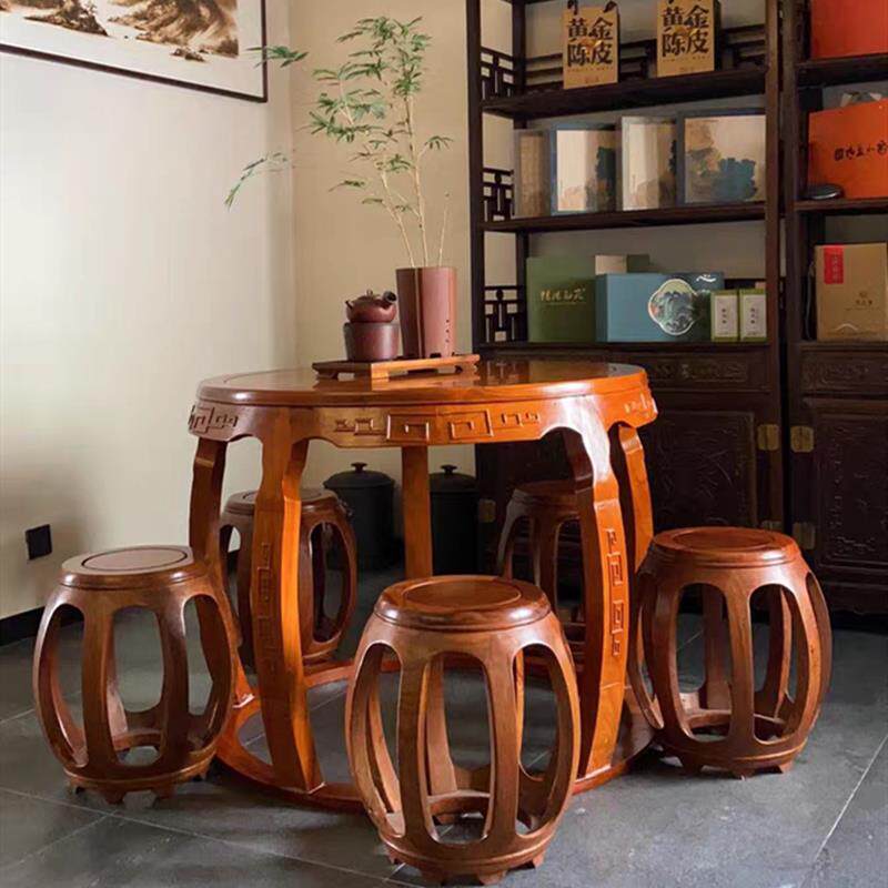 中式鼓桌鼓凳实木古典圆桌圆凳小户型客厅餐桌古风小茶桌榆木餐台