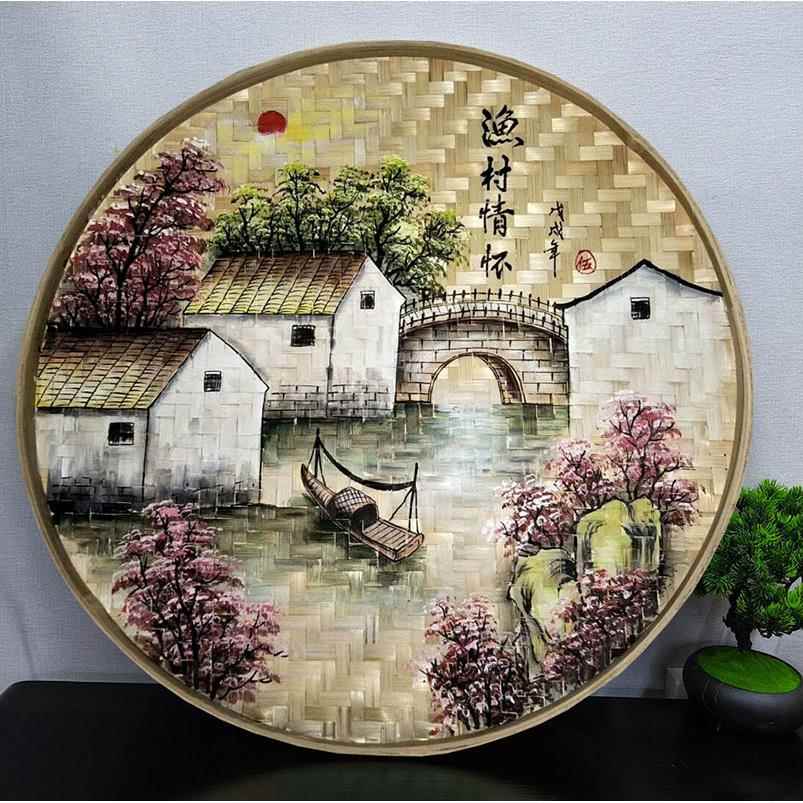 手绘竹编簸箕画农家乐装饰竹编制品墙上墙壁挂饰墙面圆形挂件田园图片