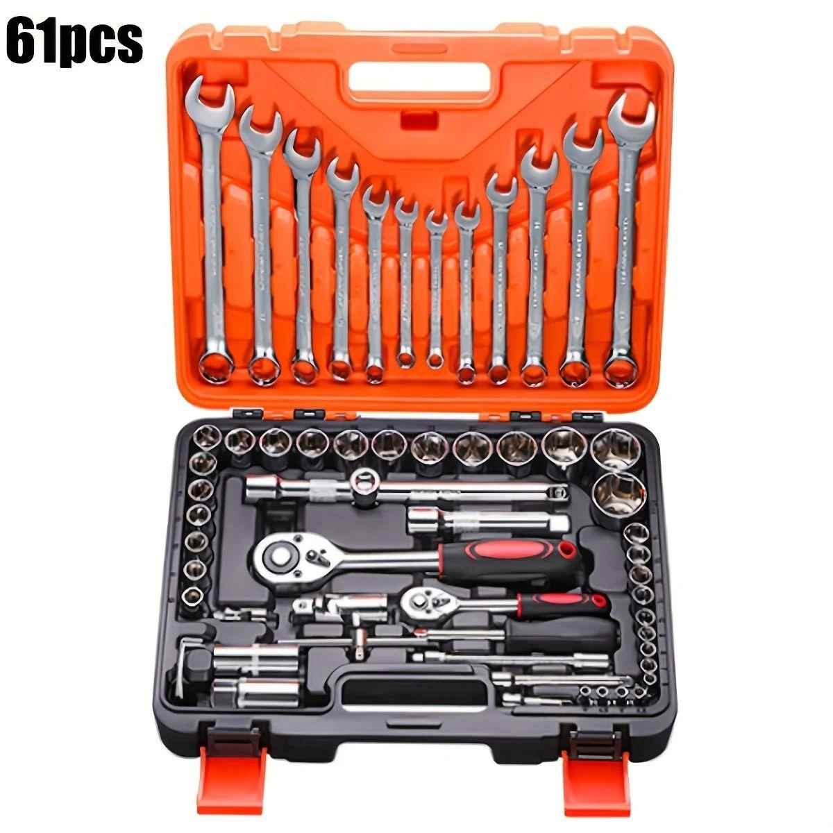 61pcs Socket Set,1/2 1/4 3/8inch Ratchet Wrench Set with Met