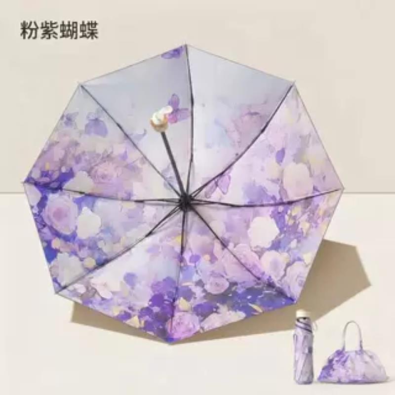 双面花扁形印花袖珍手拎包五折伞黑胶迷你口袋伞遮阳伞六折伞折叠