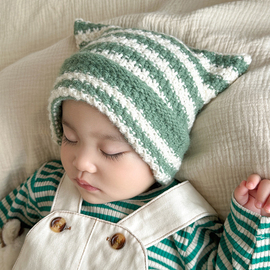 婴幼儿针织帽子秋冬季男宝宝，可爱条纹牛角，毛线套头帽女童超萌保暖