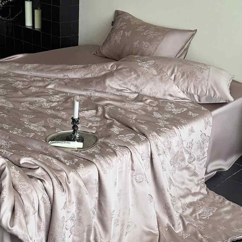 60支莱赛尔天丝蝴蝶提花双人可机洗夏凉被丝滑凉感裸睡薄被四件套