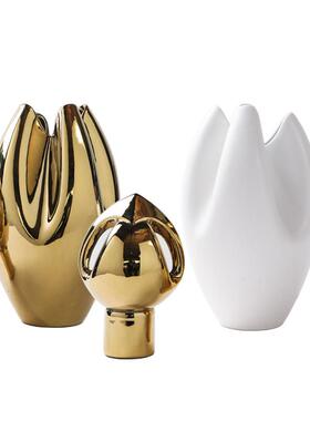 现代极简主义家庭电镀金陶瓷花瓶装饰品模型室客厅入口电视柜白色