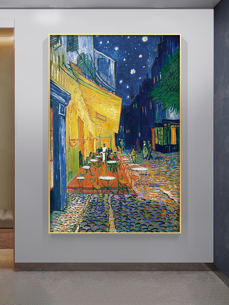 梵高名画咖啡馆竖版客厅装饰画抽象艺术大师油画玄关过道走廊壁画