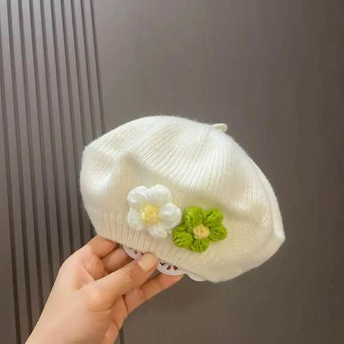 女宝宝帽子秋冬季婴儿针织贝雷帽可爱小花女童画家帽儿童毛线潮帽
