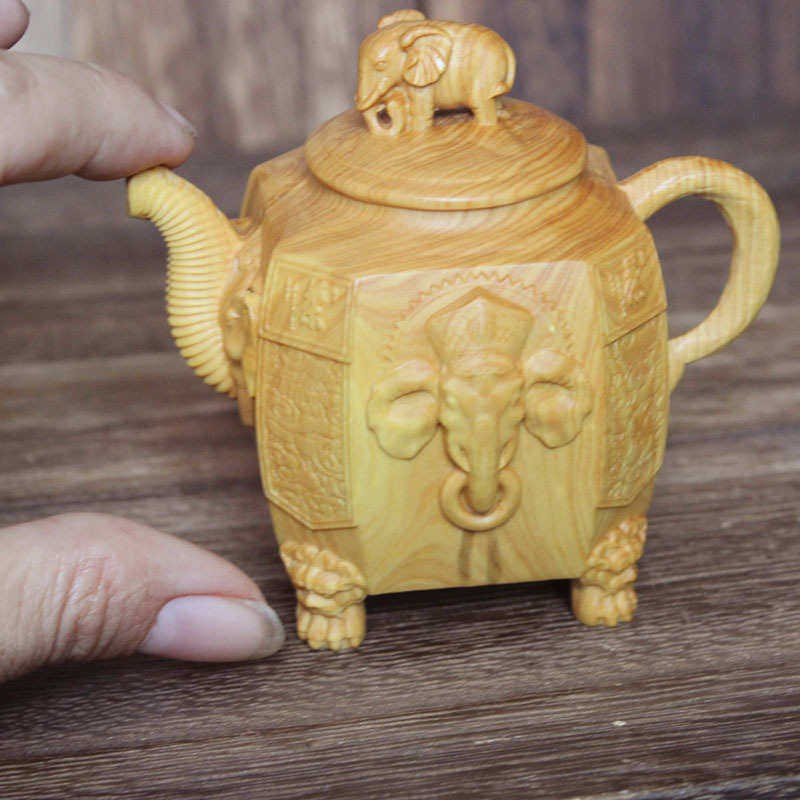 小叶黄杨木雕象头神壶手把件象鼻财神茶壶摆设木质茶宠工艺品批发