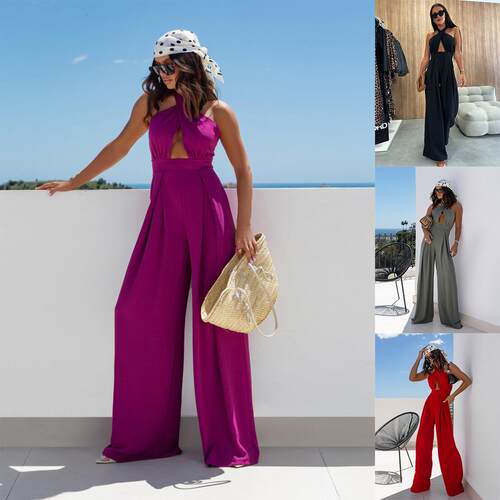 Sleeveless off shoulder hanging neck waist jumpsuit for