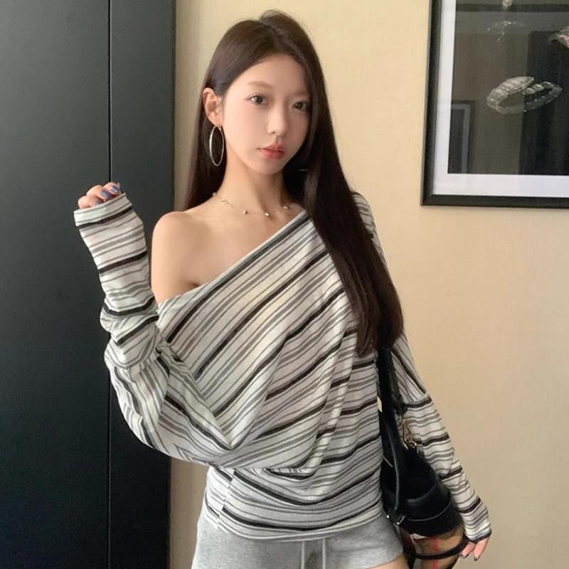 韩国EGG JRG斜肩条纹长袖T恤女春秋减龄时尚别致漂亮百搭防晒上衣