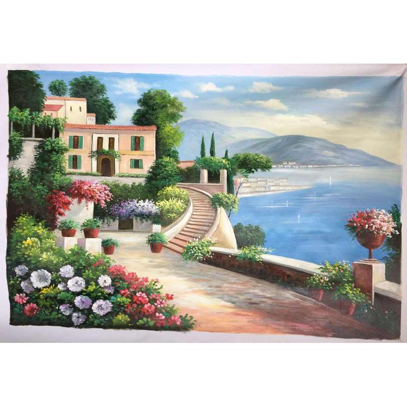 地中海油画画竖装饰画风景过道走廊壁画油画美式墙玄关手绘版挂画
