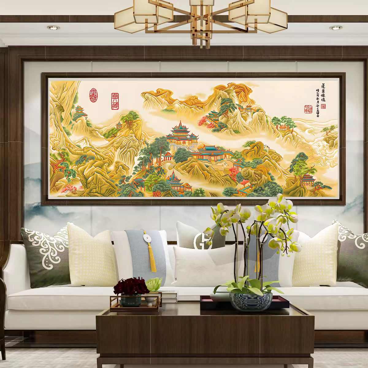 人工十字绣成品蓬莱仙境靠山图新款客厅古典风景山水名画纯手工