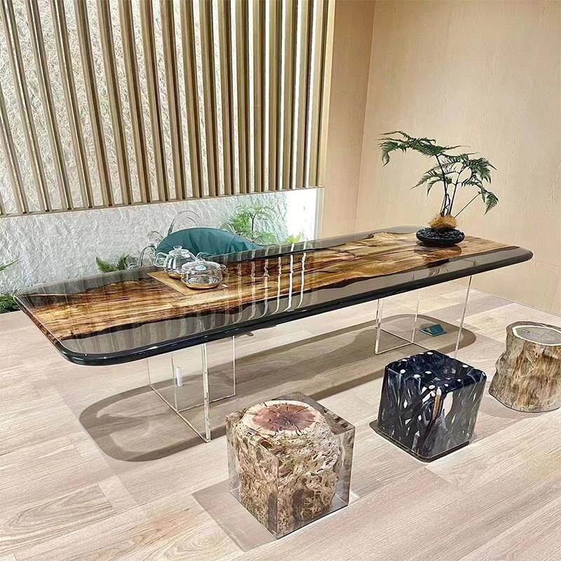 环氧树脂河流桌胡桃木树脂茶台实木茶桌几原木大板餐桌简约办公桌