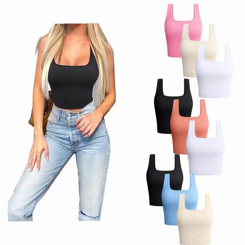 3 Seamless Square Neck Crop Tank Women Knit Back Cropped