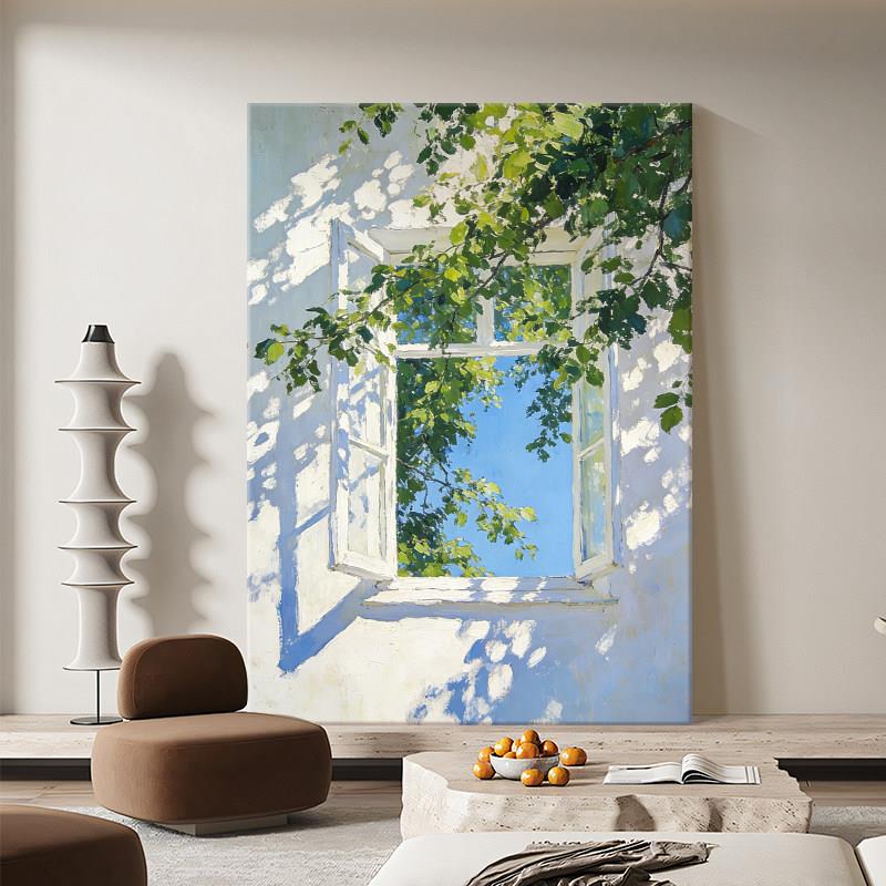 治愈系光影窗户现代简约装饰画客厅植物手绘油画北欧卧室挂画玄关