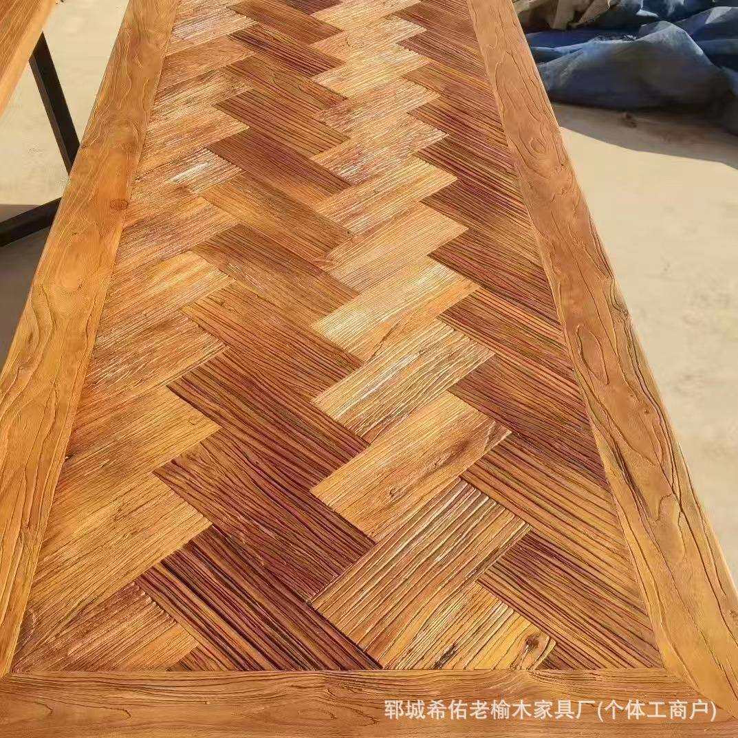 老榆木拼花餐桌风化禅意茶台复古棋盘格桌面客厅实木大板桌办公桌