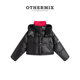 othermix 连帽羽绒服女2023冬加厚保暖宽松百搭黑色短款外套