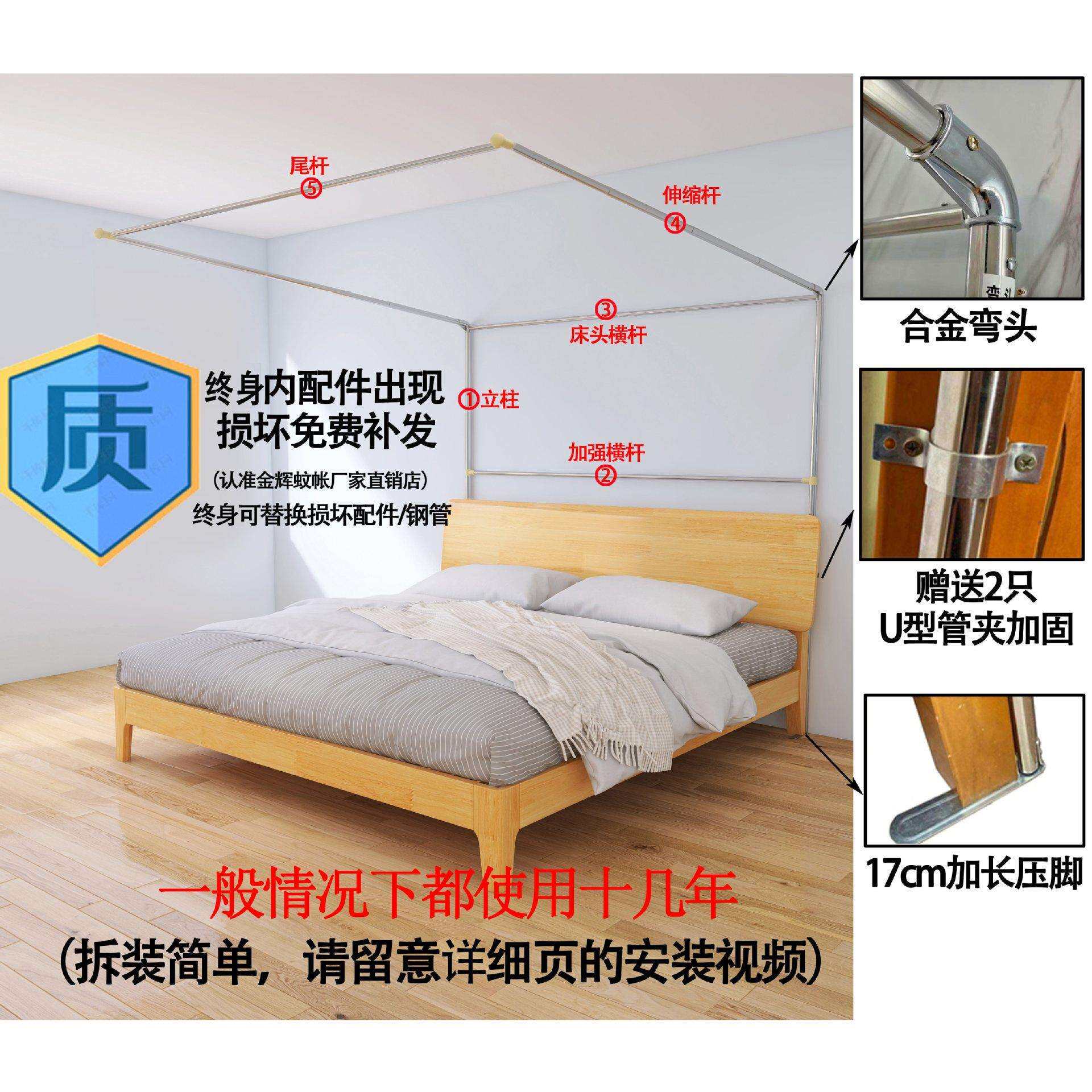 方型可伸缩密蚊帐加厚不锈钢支架床上家用折叠落地款三单门1.51.8