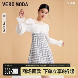 veromoda连衣裙2023秋冬收腰方领泡泡袖，拼接牛仔裙甜美减龄