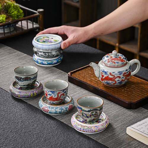 珐琅彩仿古盖置陶瓷国潮风茶杯托隔热垫轻奢青花瓷茶道配件