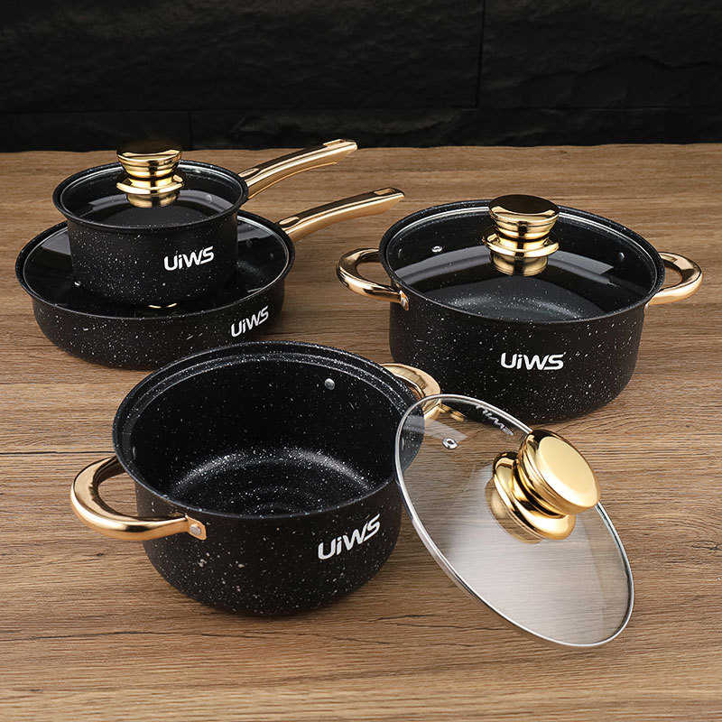 货源镀金把手麦饭石套装锅家庭适用奶锅汤锅煎锅四件套不粘