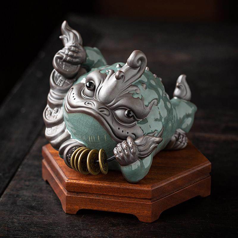中式大号招财金蟾摆件哥窑紫砂茶宠可养三足蟾蜍家居办公桌装饰品,家居饰品,装饰摆件,淘宝优惠券,粉丝福利购,淘宝优惠卷