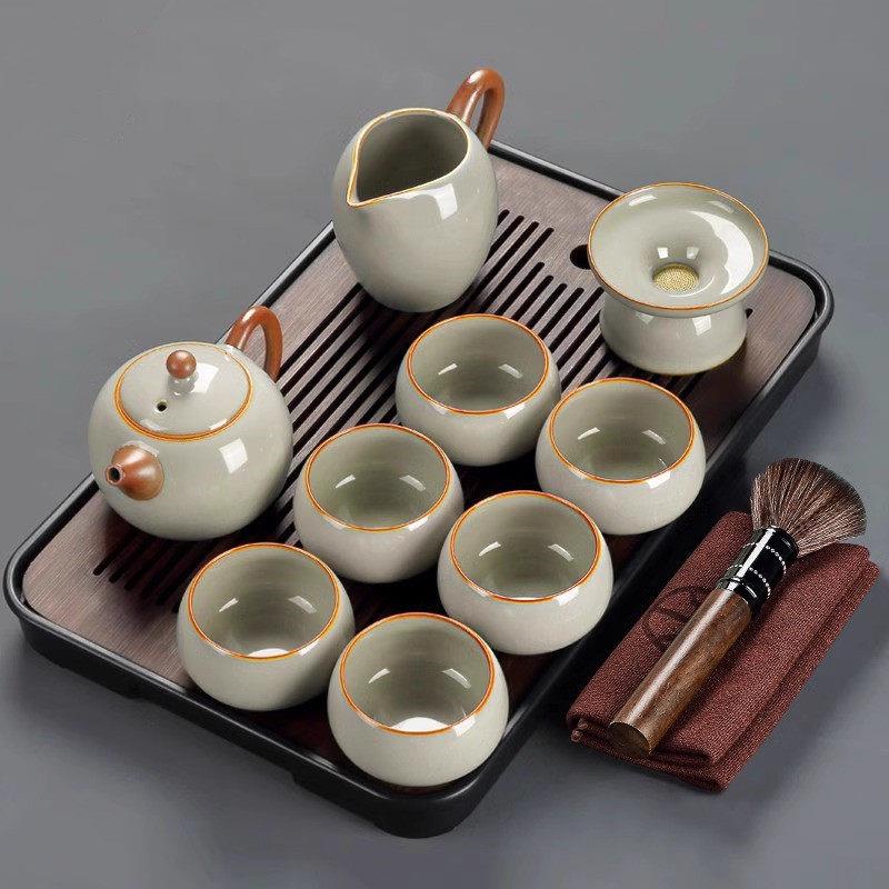 汝窑功夫茶具套组轻奢高档家用办公室陶瓷功夫茶杯高端泡茶壶盖碗