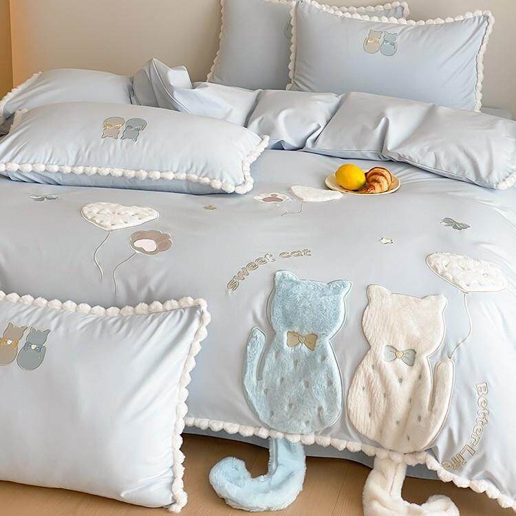 秋冬加厚全棉磨毛四件套可爱猫咪贴布绣保暖1.2m被套少女床品粉色