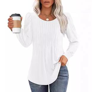Crewneck Pleated Tunic Tops Women Breathable Sleeve Blouses