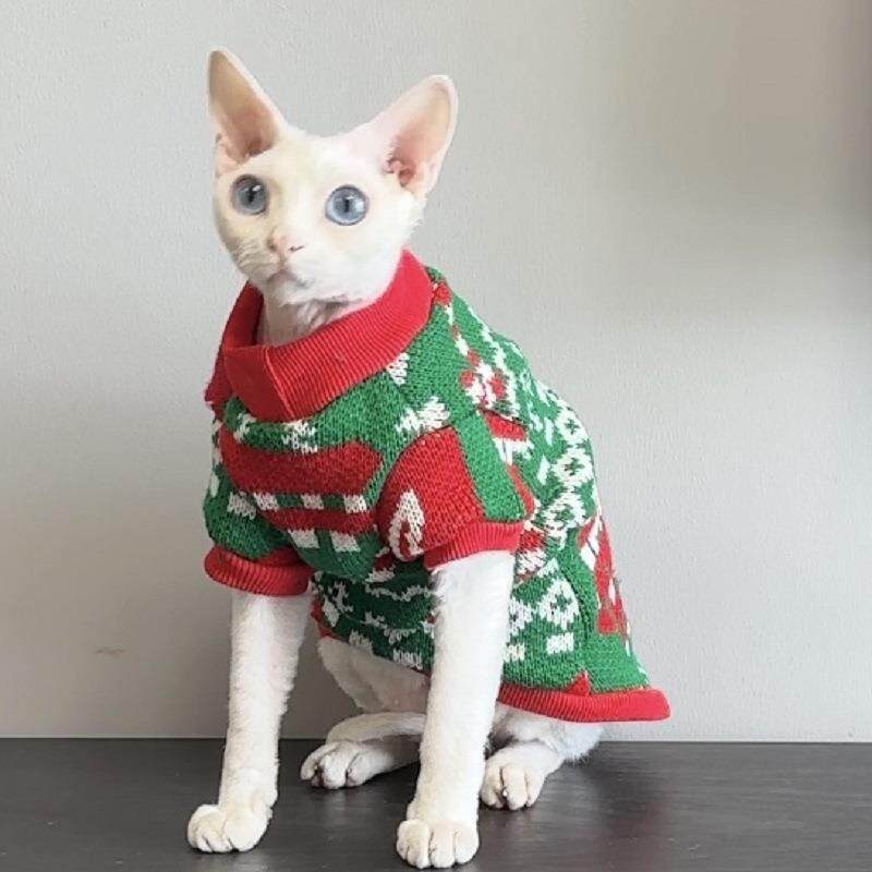 圣诞雪花麋鹿宠物衣服德文斯芬克斯无毛猫贴身秋冬毛衣加厚