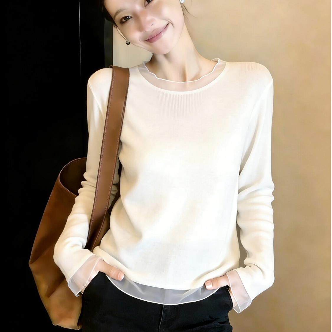 潮牌薄款冰丝花边针织衫正肩长袖T恤女新款微圆领新款打底衫上衣