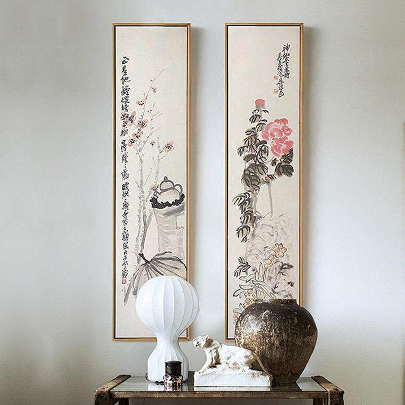 花鸟四条屏客厅装饰画现代新中式书房水墨花卉挂画玄关四联