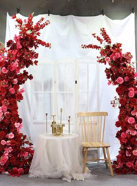 婚礼堂红色牛角拱门路引成品仿真花艺舞台装饰背景架商场插花摆件