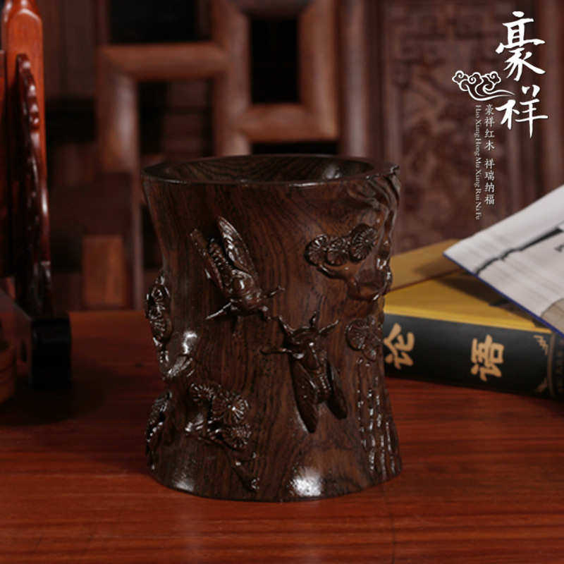黑紫檀圆笔筒松知了小号红木浮雕文房书法摆件木质工艺品商务礼品