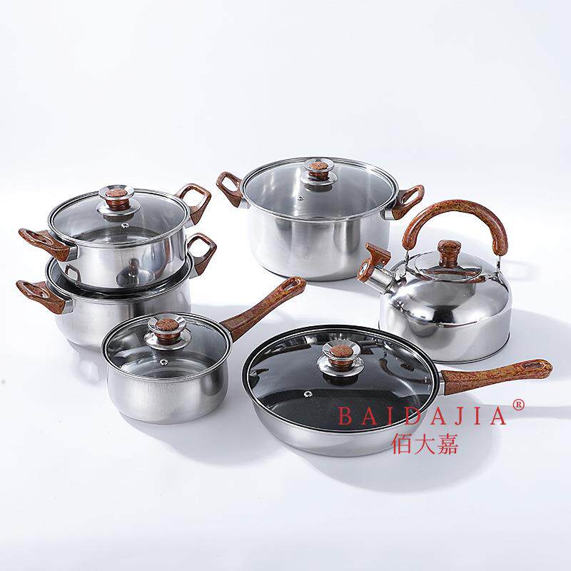 跨境货源不锈钢套装锅带水壶酒店厨房电磁炉适用烹饪锅具12件套锅