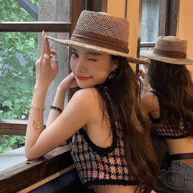 草帽女春夏平沿法式绑带帽子网红时尚咸草编织海边沙滩度假礼帽潮