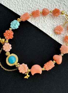 新品天然小花手链搭配绿松石花朵手串 精美珠链珠串18k金镶嵌配饰