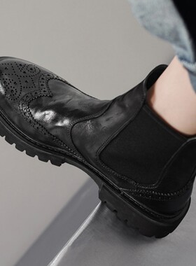 【意大利】René Vanvilla飒美显瘦?厚底5cm 小羊皮雕花切尔西靴