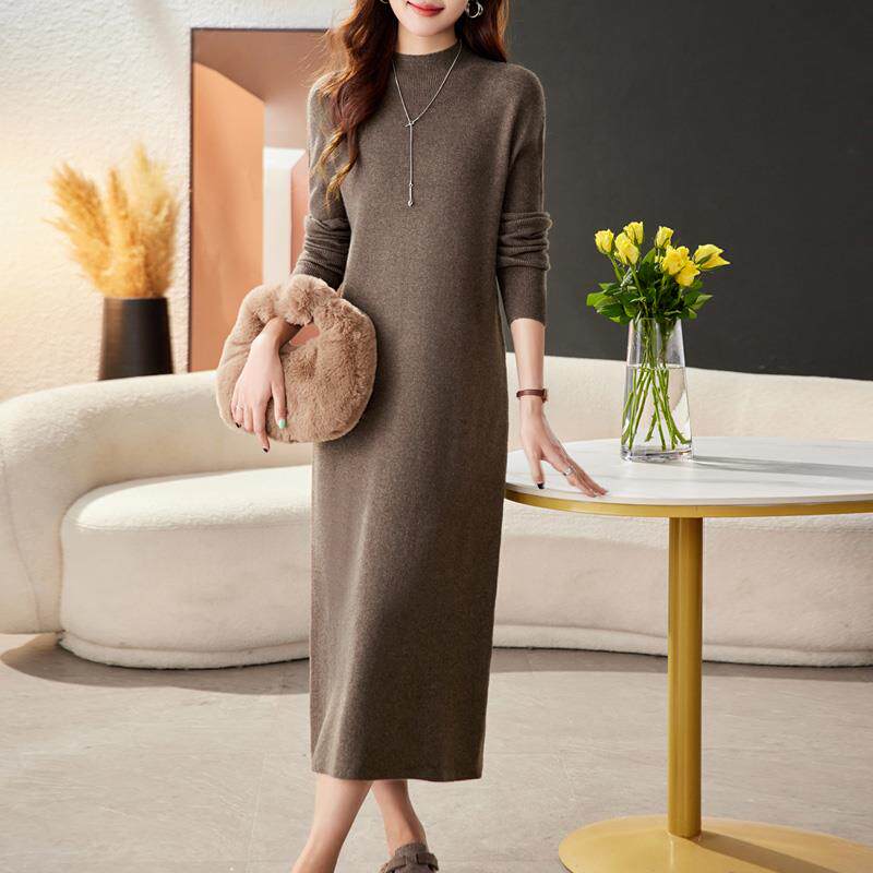 半高领毛衣女秋冬超长款过膝羊毛衫毛衣裙洋派打底衫宽松大尺码女