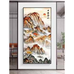 入户玄关装饰画泰山日出图挂画有山无水靠山图走廊过道挂画竖壁画
